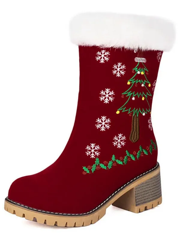 Vintage Christmas Tree Snowflake Plush Chunky Heel Boots sold by Retro Stage