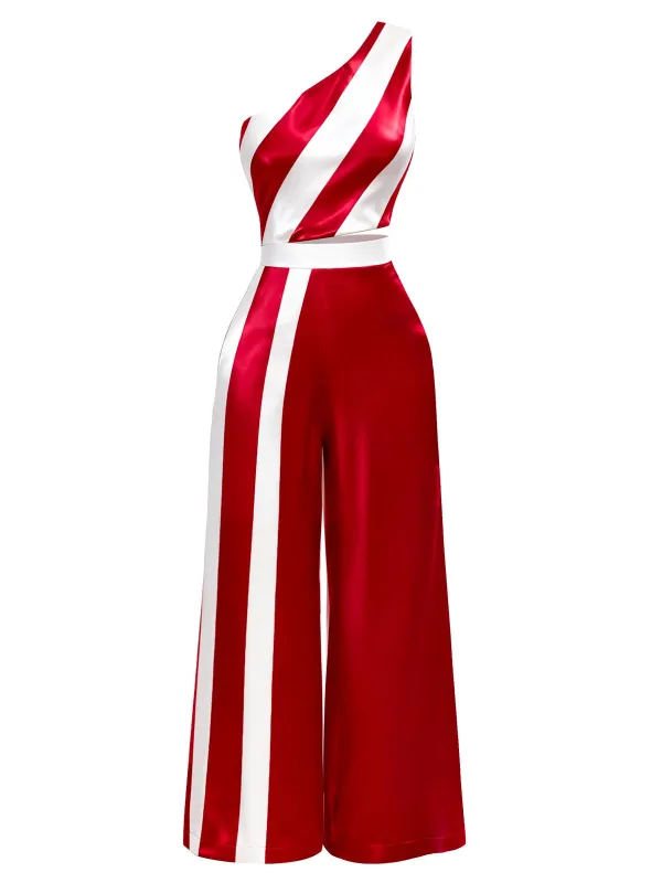 [Pre-Sale] Red & White 1960s One-Shoulder Stripes Jumpsuit sold by Retro Stage