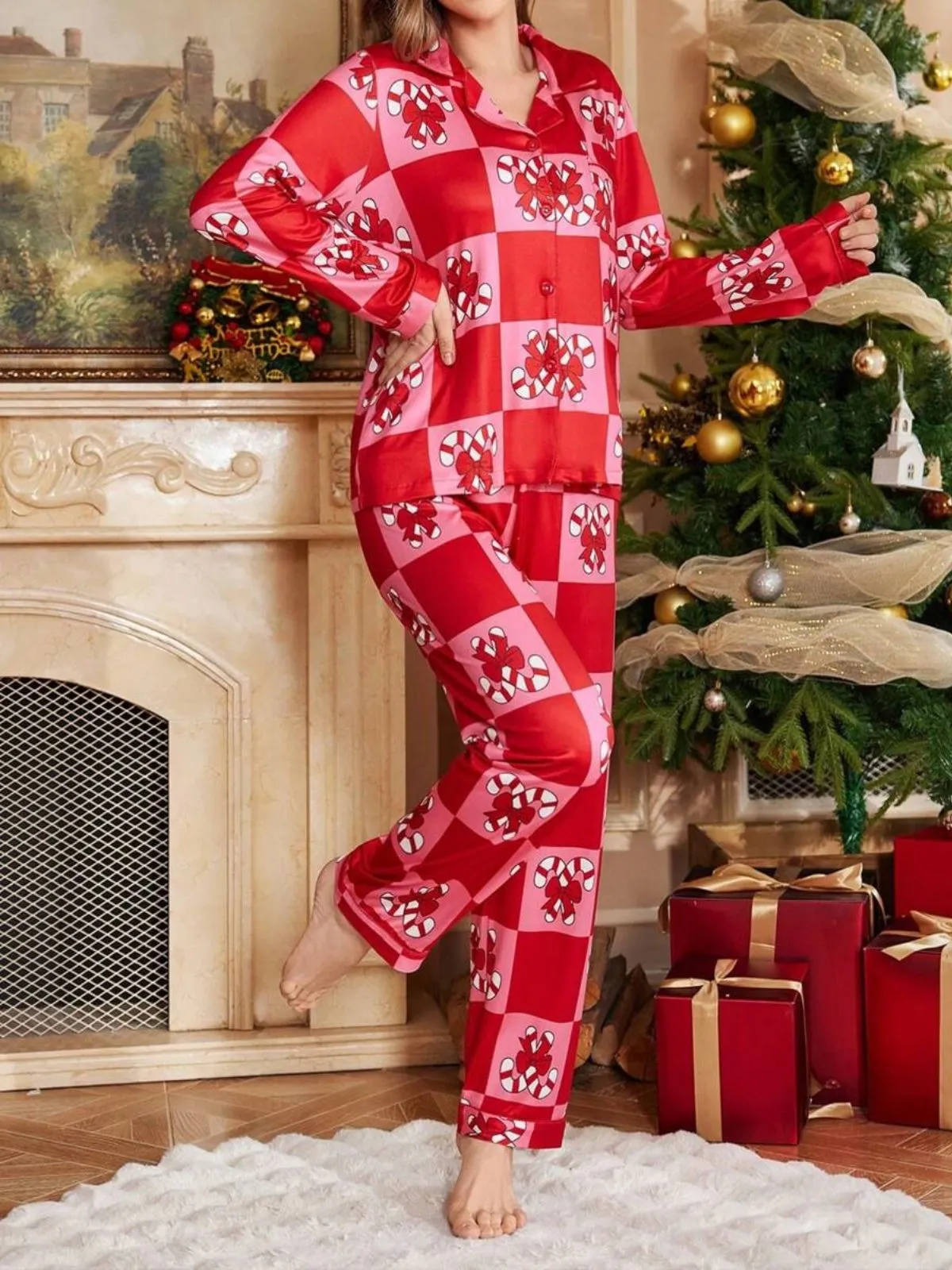 Red 1980s Christmas Checkerboard Candy Cane Pajama Set sold by Retro Stage product image thumbnail 2