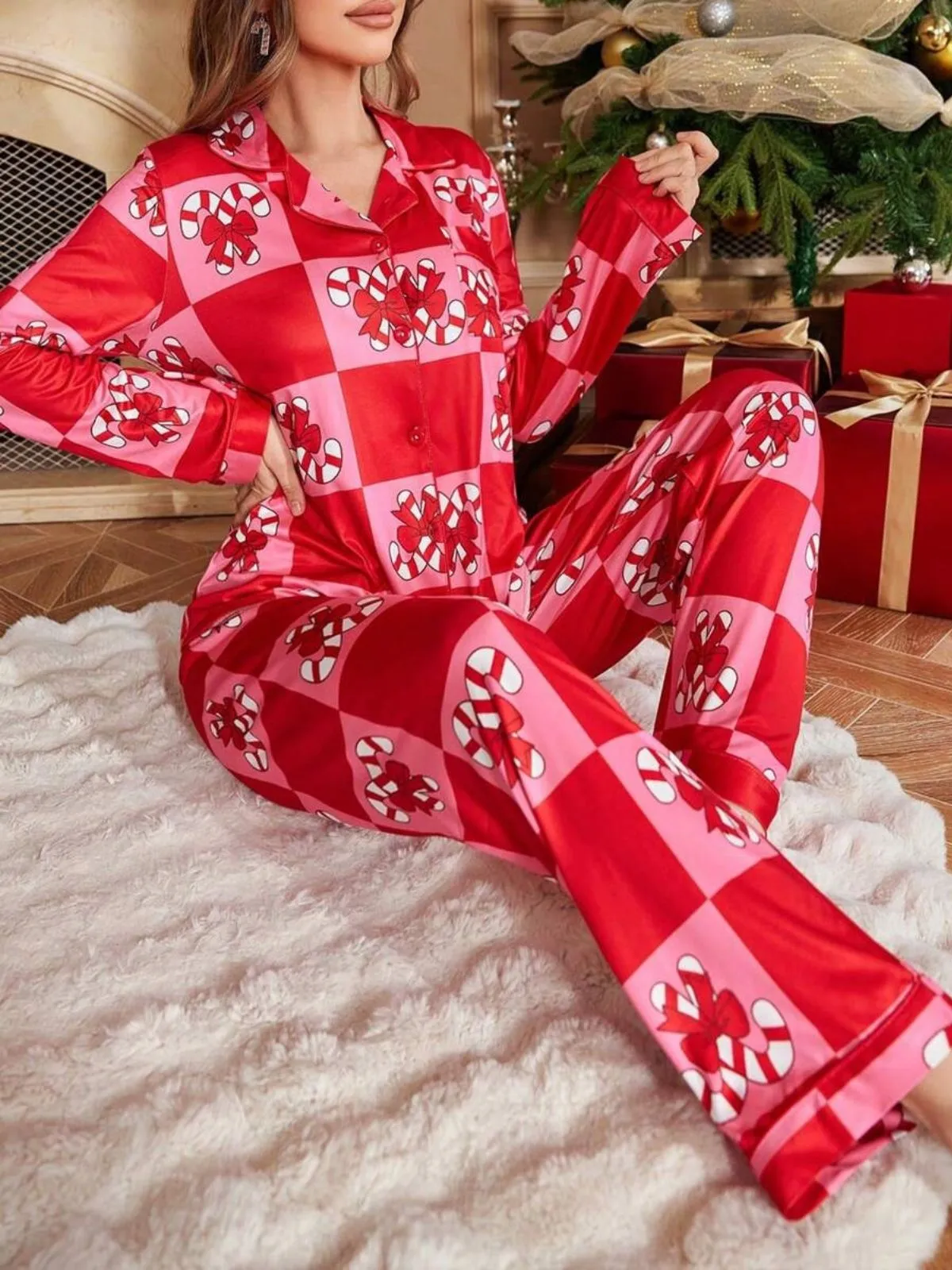 Red 1980s Christmas Checkerboard Candy Cane Pajama Set sold by Retro Stage product image thumbnail 5