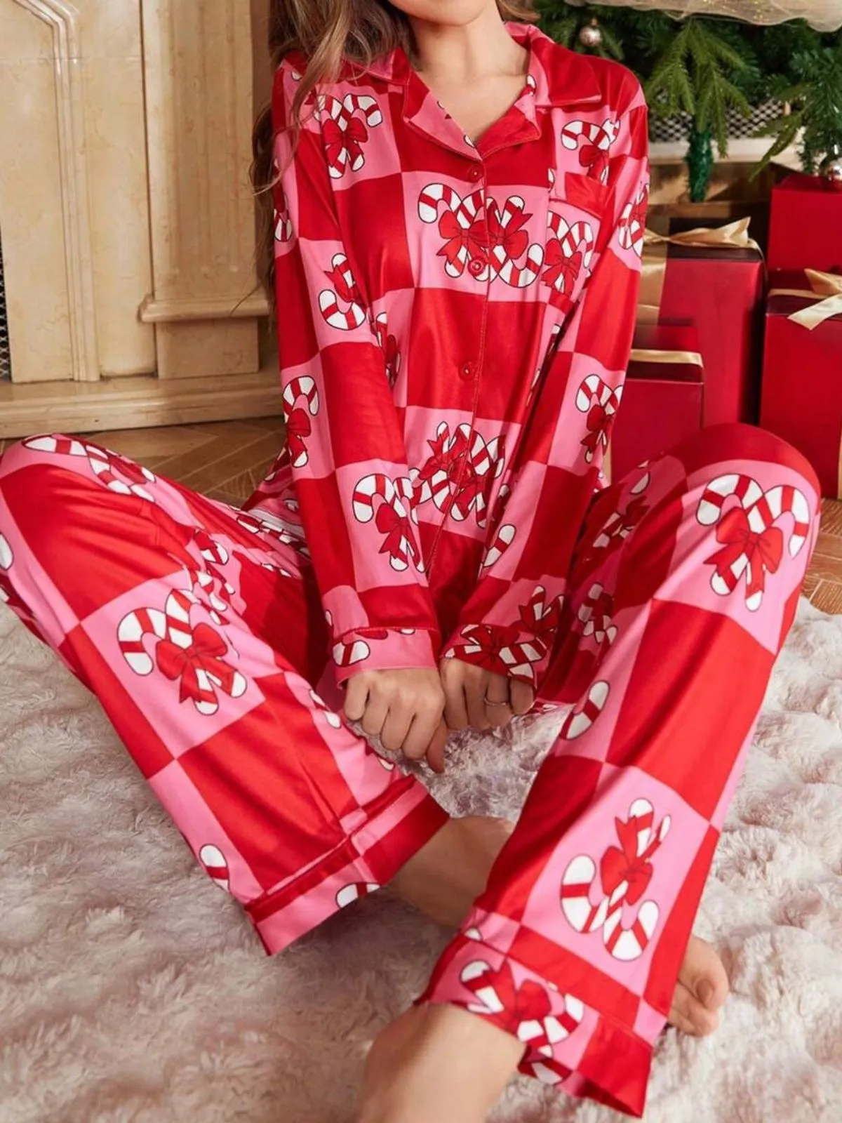 Red 1980s Christmas Checkerboard Candy Cane Pajama Set sold by Retro Stage product image thumbnail 4