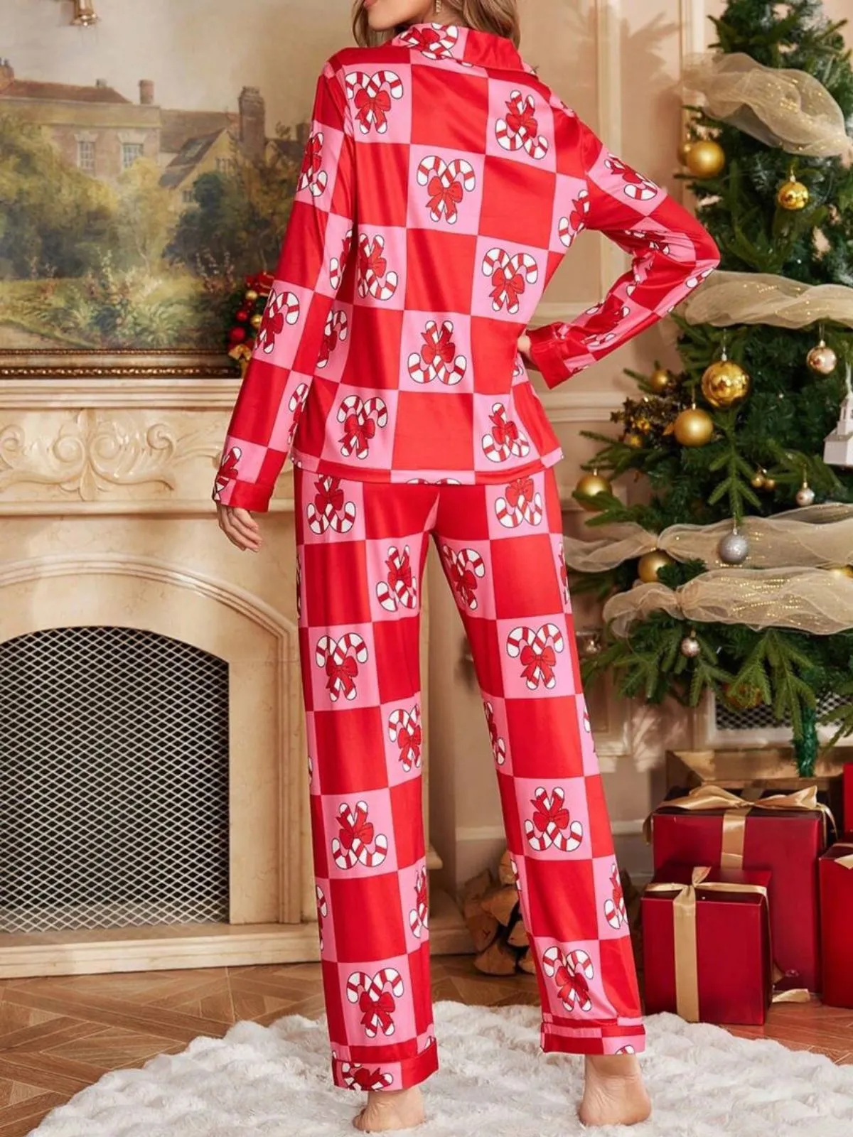 Red 1980s Christmas Checkerboard Candy Cane Pajama Set sold by Retro Stage product image thumbnail 3