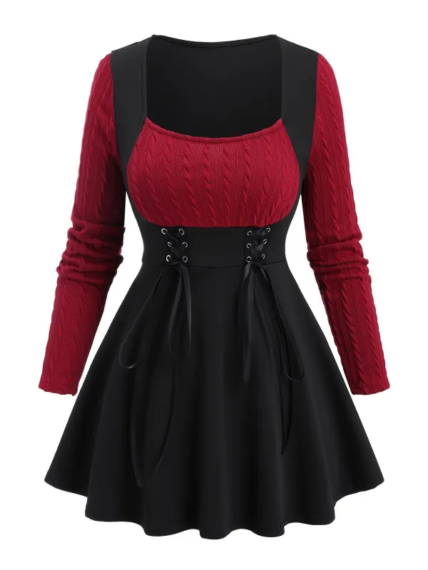 [Plus Size] Wine Red 1950s Colorblock Knit Patchwork Dress sold by Retro Stage