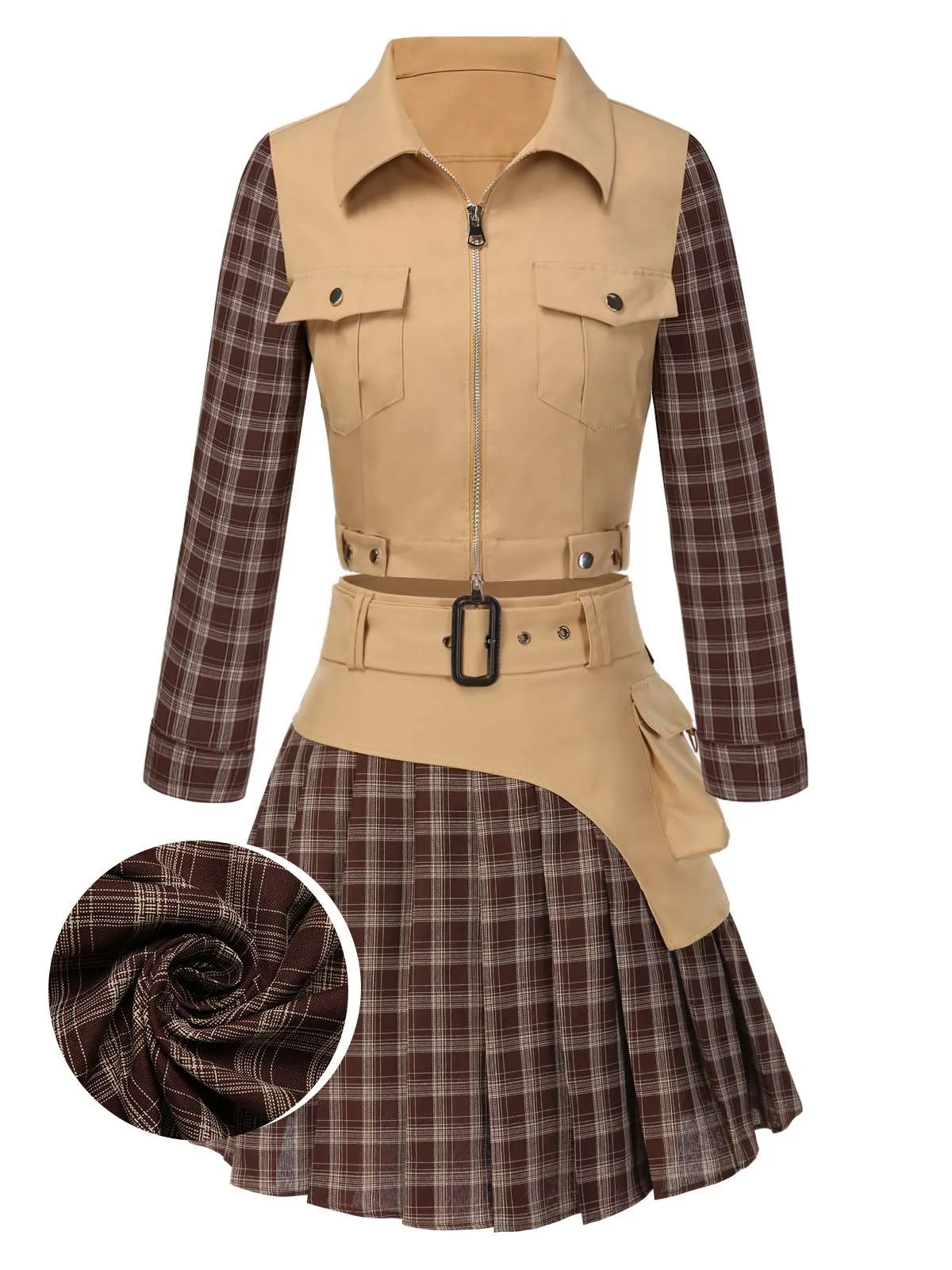2PCS Khaki & Brown 1960s Plaid Patchwork Jacket & Pleated Skirt sold by Retro Stage product image thumbnail 2