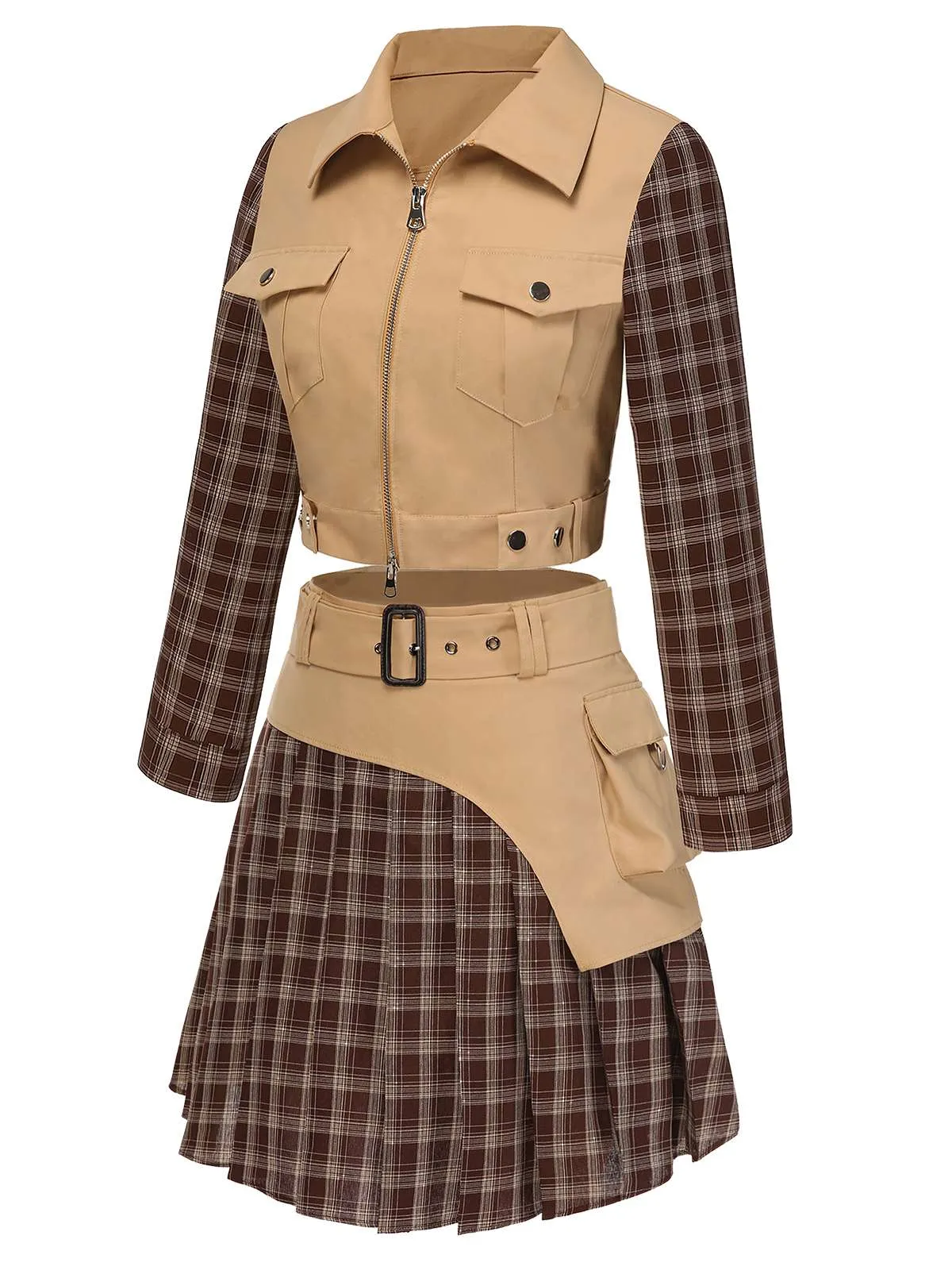 2PCS Khaki & Brown 1960s Plaid Patchwork Jacket & Pleated Skirt sold by Retro Stage product image thumbnail 4