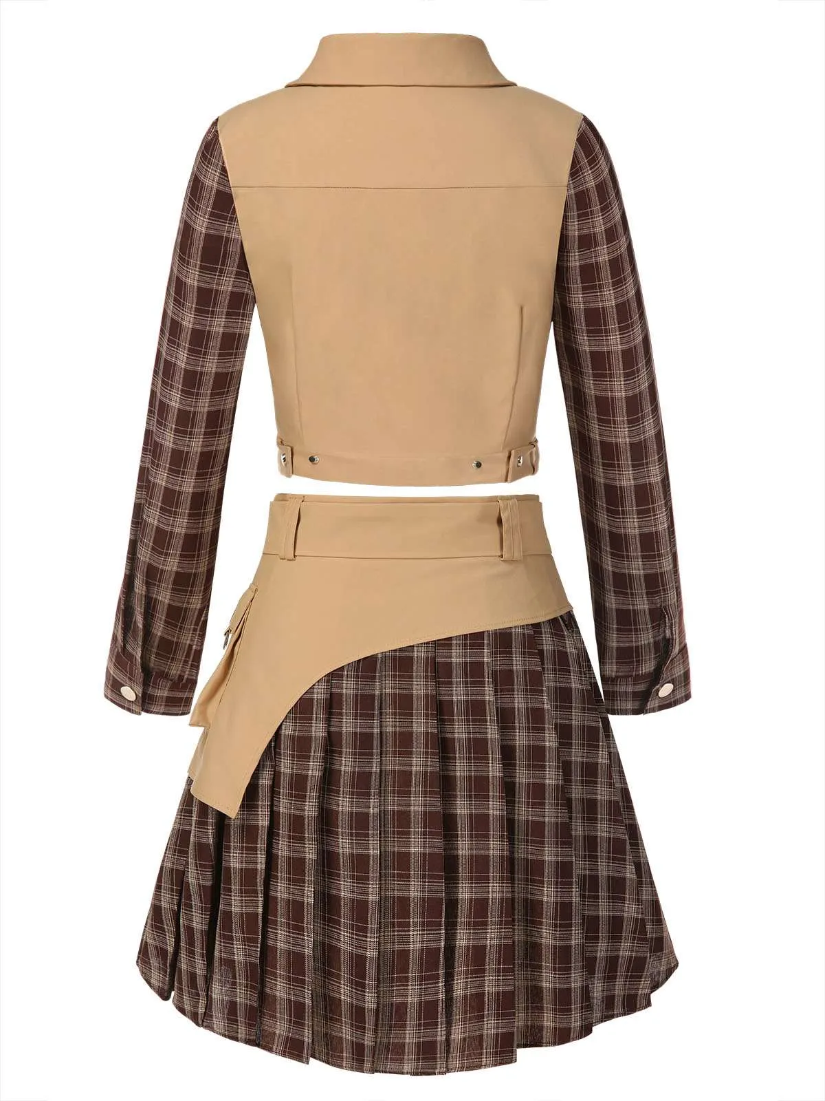 2PCS Khaki & Brown 1960s Plaid Patchwork Jacket & Pleated Skirt sold by Retro Stage product image thumbnail 5