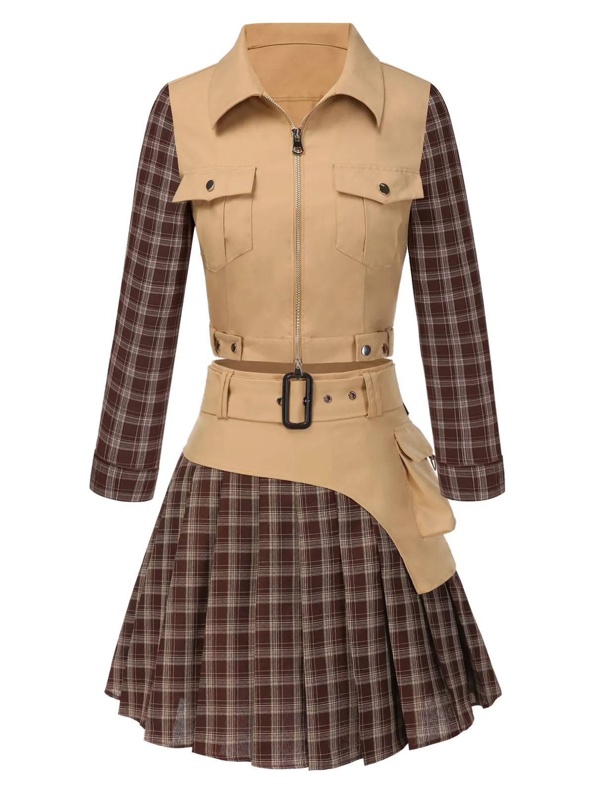 2PCS Khaki & Brown 1960s Plaid Patchwork Jacket & Pleated Skirt sold by Retro Stage product image thumbnail 3