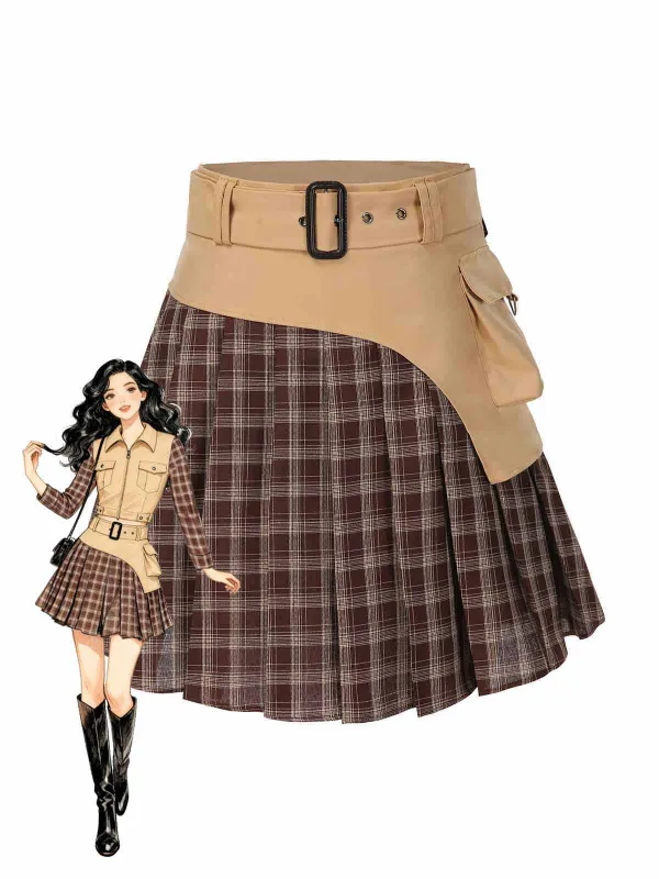 Brown 1960s Plaid Patchwork Belted Pleated Skirt sold by Retro Stage