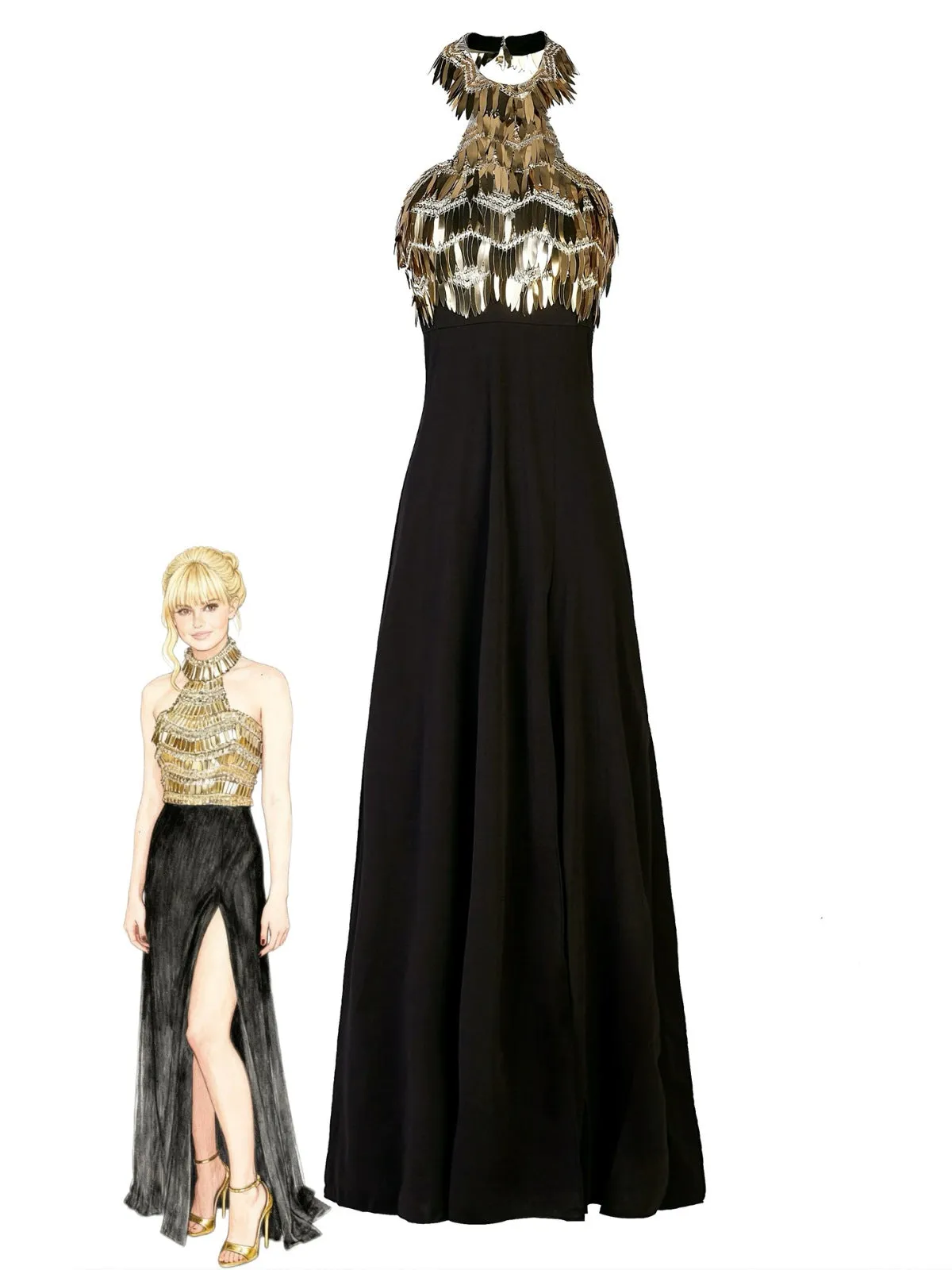 Gold 1930s Sequined Patchwork Halter Backless Evening Dress sold by Retro Stage