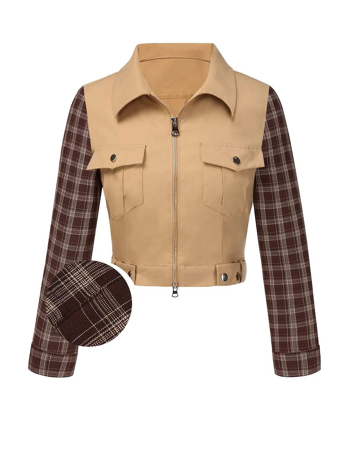 Khaki 1960s Lapel Tartan Plaids Zipper Jacket sold by Retro Stage product image thumbnail 2