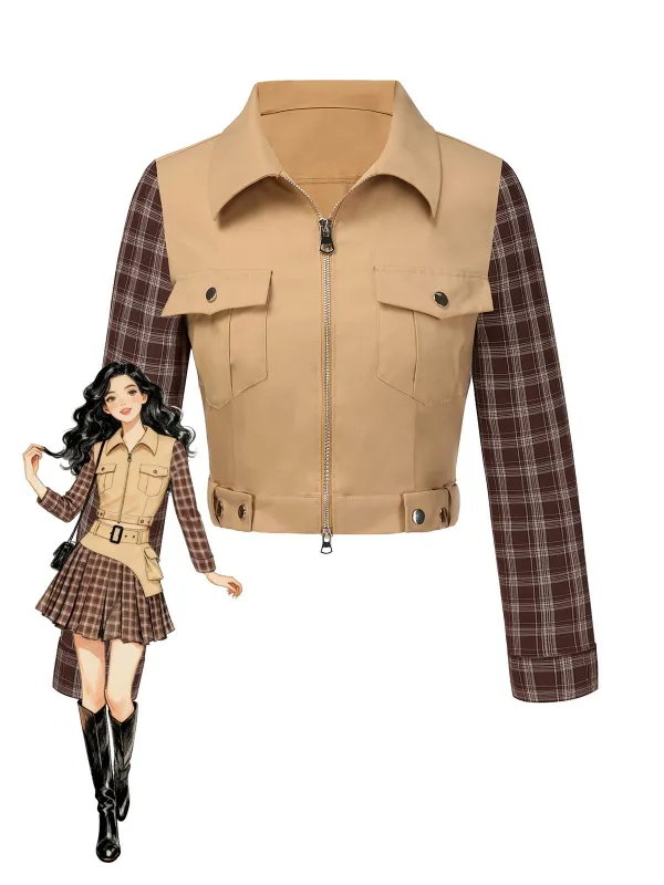 [Pre-Sale] Khaki 1960s Lapel Tartan Plaids Zipper Jacket sold by Retro Stage