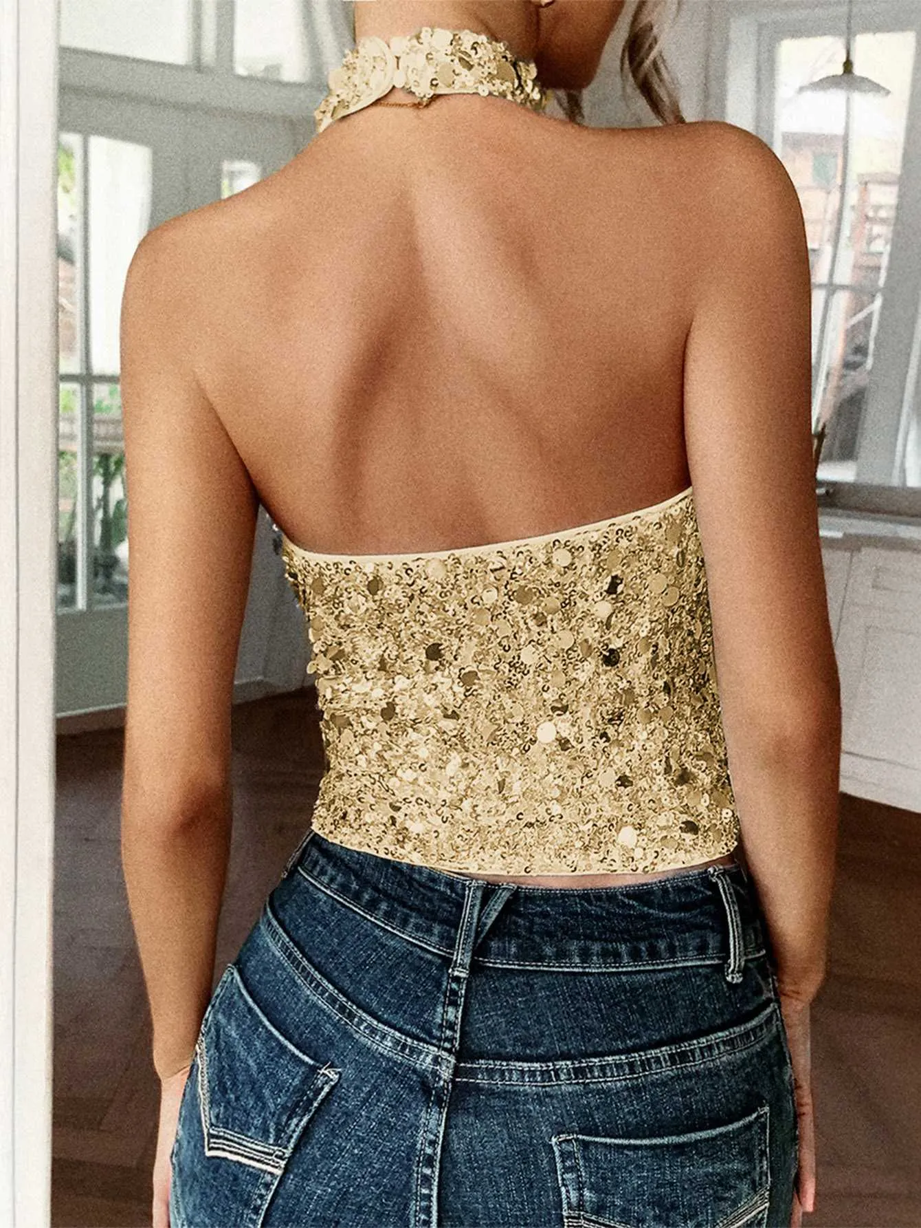 Metallic 1970s Halter Sequin Sleeveless Top sold by Retro Stage product image thumbnail 3