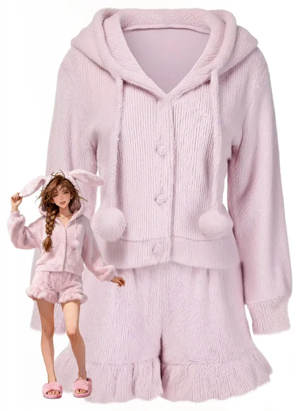 [Pre-Sale] Pink 1950s Plush Bunny Ears Hoodie Pajamas sold by Retro Stage