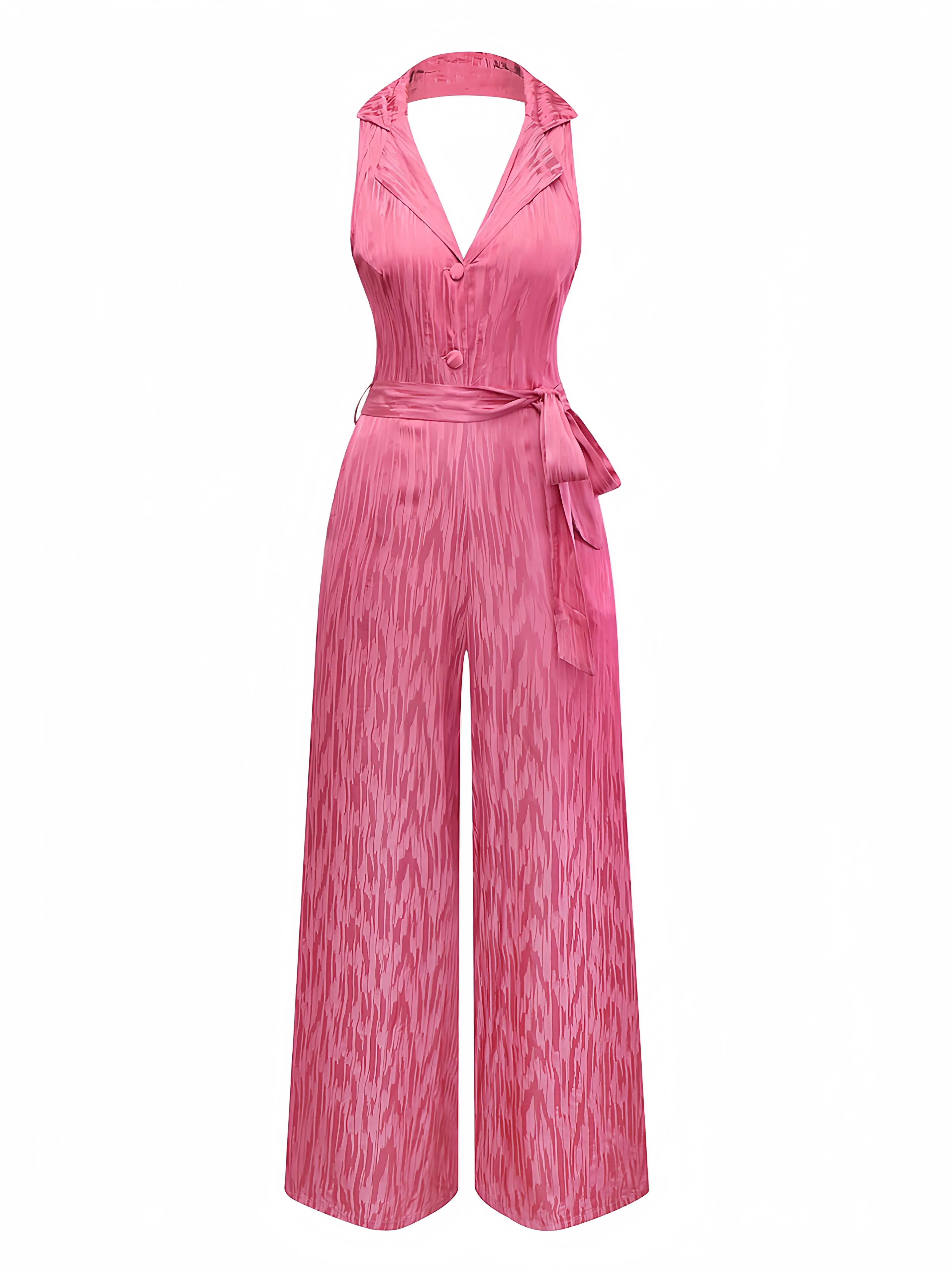 Pink 1970s Halter Lapel Satin Jumpsuit sold by Retro Stage product image thumbnail 2