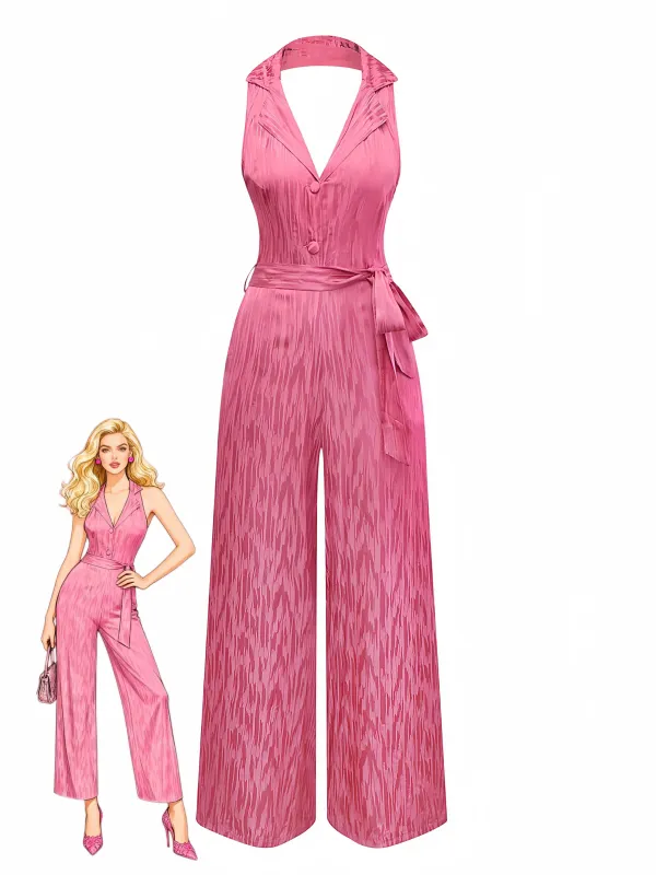 Pink 1970s Halter Lapel Satin Jumpsuit sold by Retro Stage
