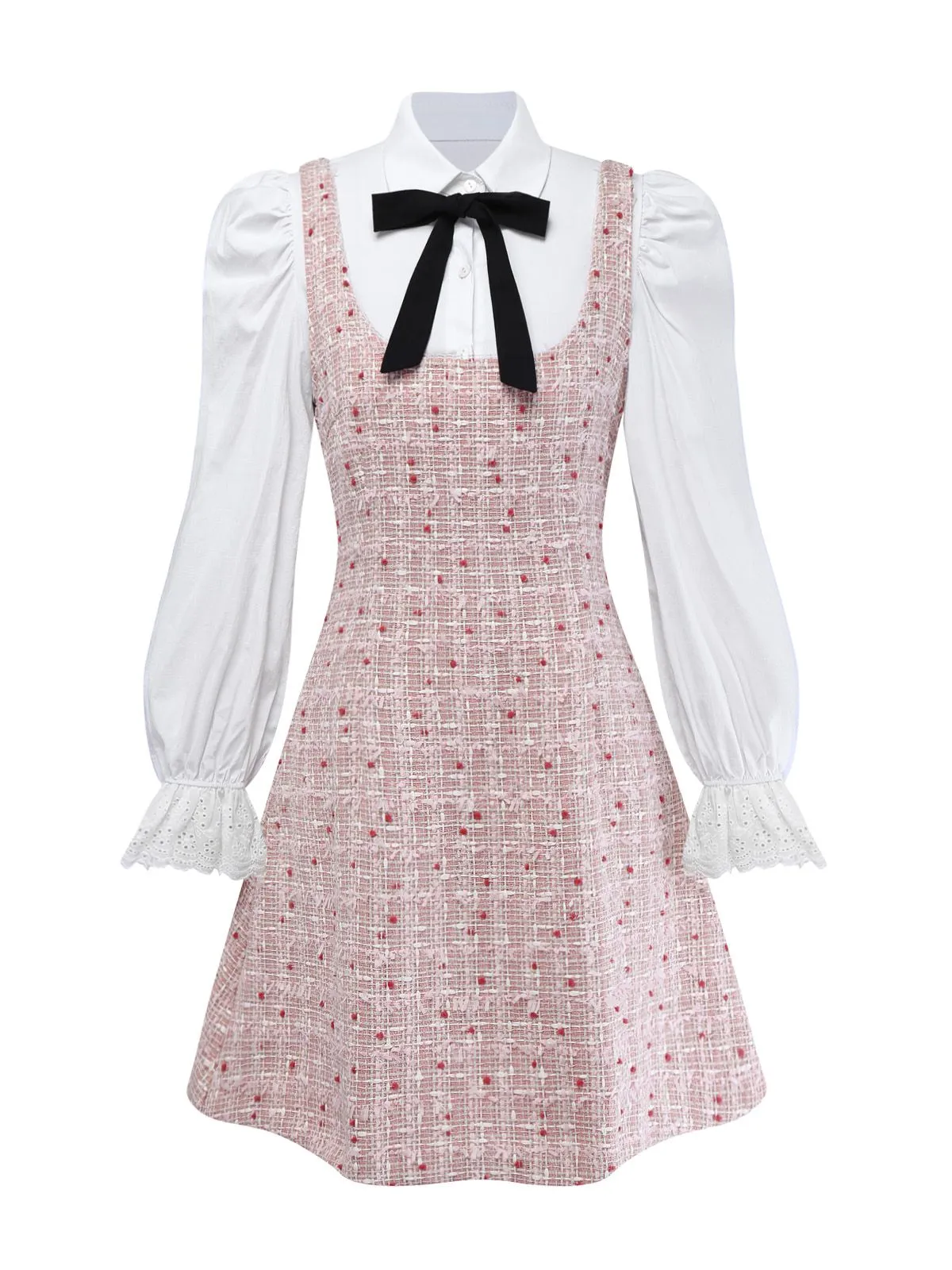 2PCS White & Pink 1960s Puff-Sleeve Bow Blouse & Tweed Pinafore Dress sold by Retro Stage product image thumbnail 2