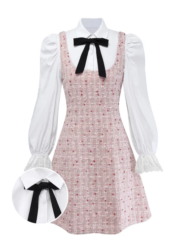 2PCS White & Pink 1960s Puff-Sleeve Bow Blouse & Tweed Pinafore Dress sold by Retro Stage