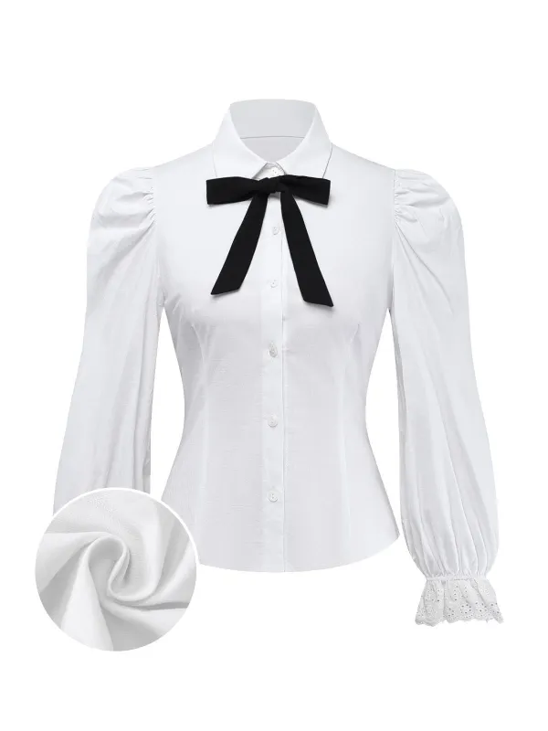White 1960s Puff Sleeve Bow Tie Blouse sold by Retro Stage