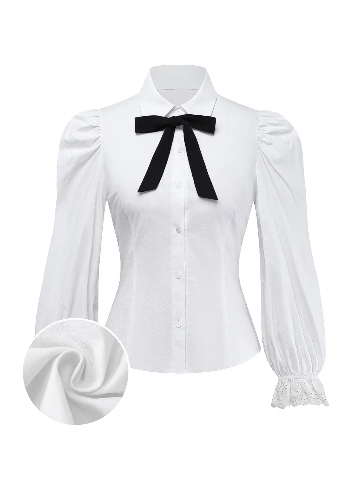 White 1960s Puff Sleeve Bow Tie Blouse sold by Retro Stage
