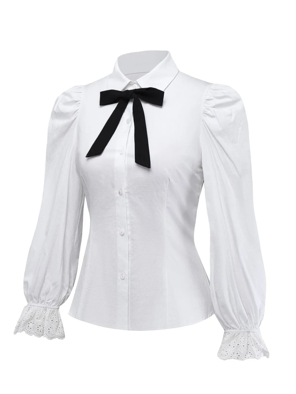 White 1960s Puff Sleeve Bow Tie Blouse sold by Retro Stage product image thumbnail 3