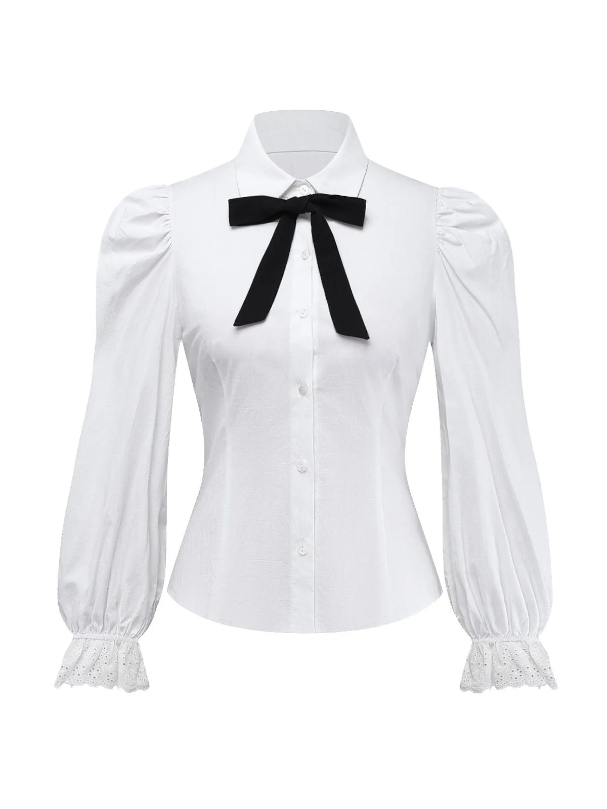 White 1960s Puff Sleeve Bow Tie Blouse sold by Retro Stage product image thumbnail 2