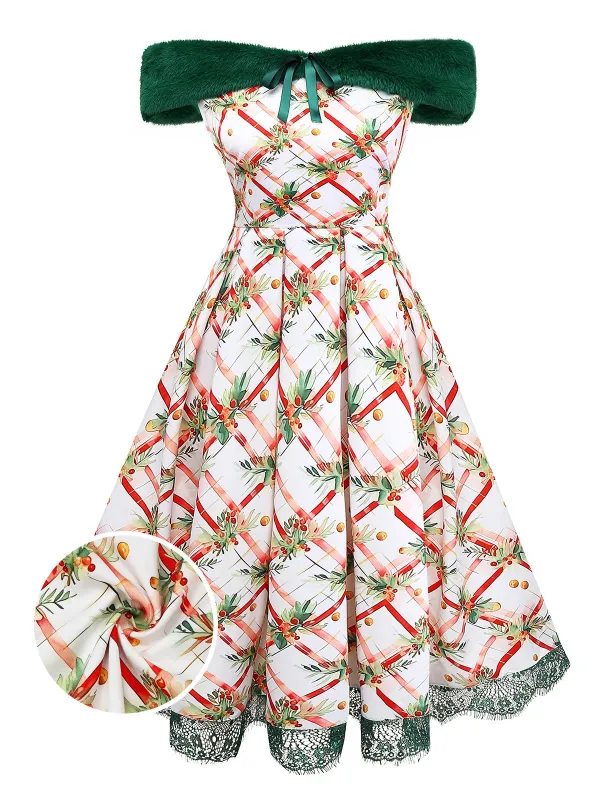 [Pre-Sale] Green 1950s Christmas Holly Leaf Fur Collar Off Shoulder Dress sold by Retro Stage