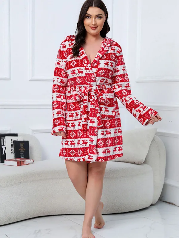 [Plus Size] 1950s Winter Print Plush Hooded Robe sold by Retro Stage