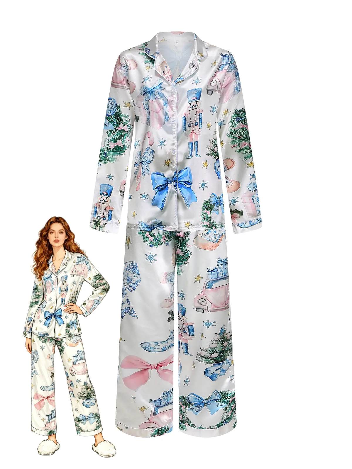 Blue 1940s Christmas Nutcracker Candy Cane Pajama Set sold by Retro Stage