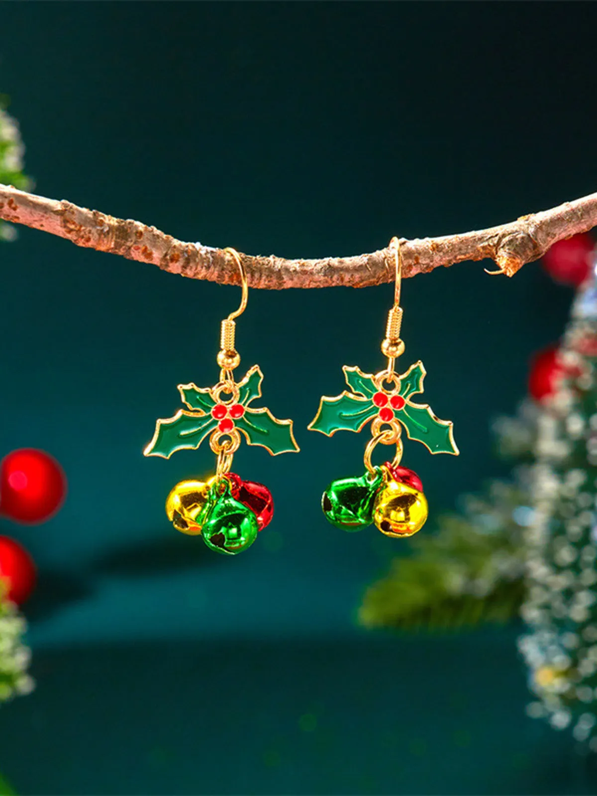 Christmas Holly Leaf Jingle Bell Drop Earrings sold by Retro Stage product image thumbnail 2