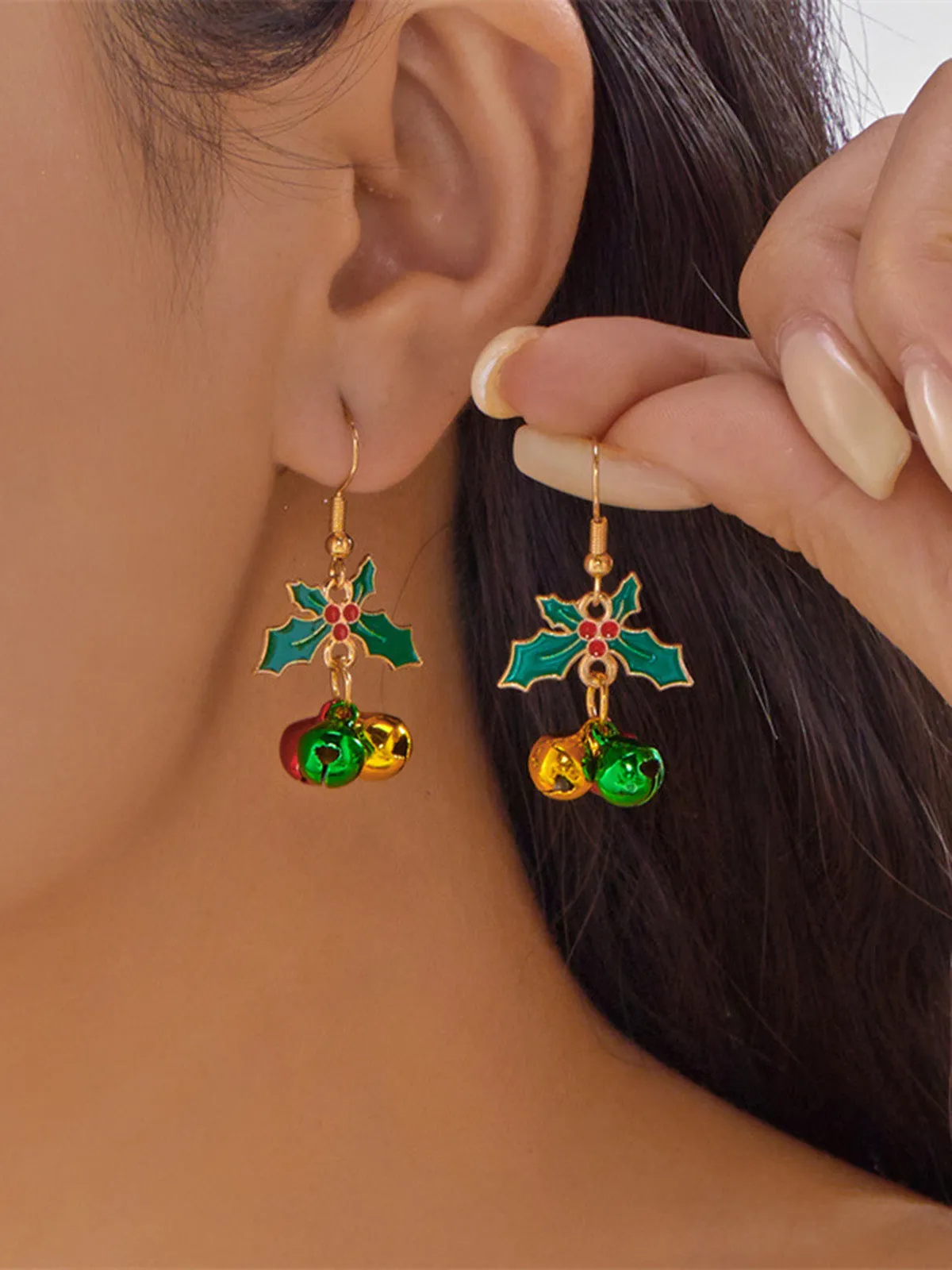 Christmas Holly Leaf Jingle Bell Drop Earrings sold by Retro Stage product image thumbnail 3