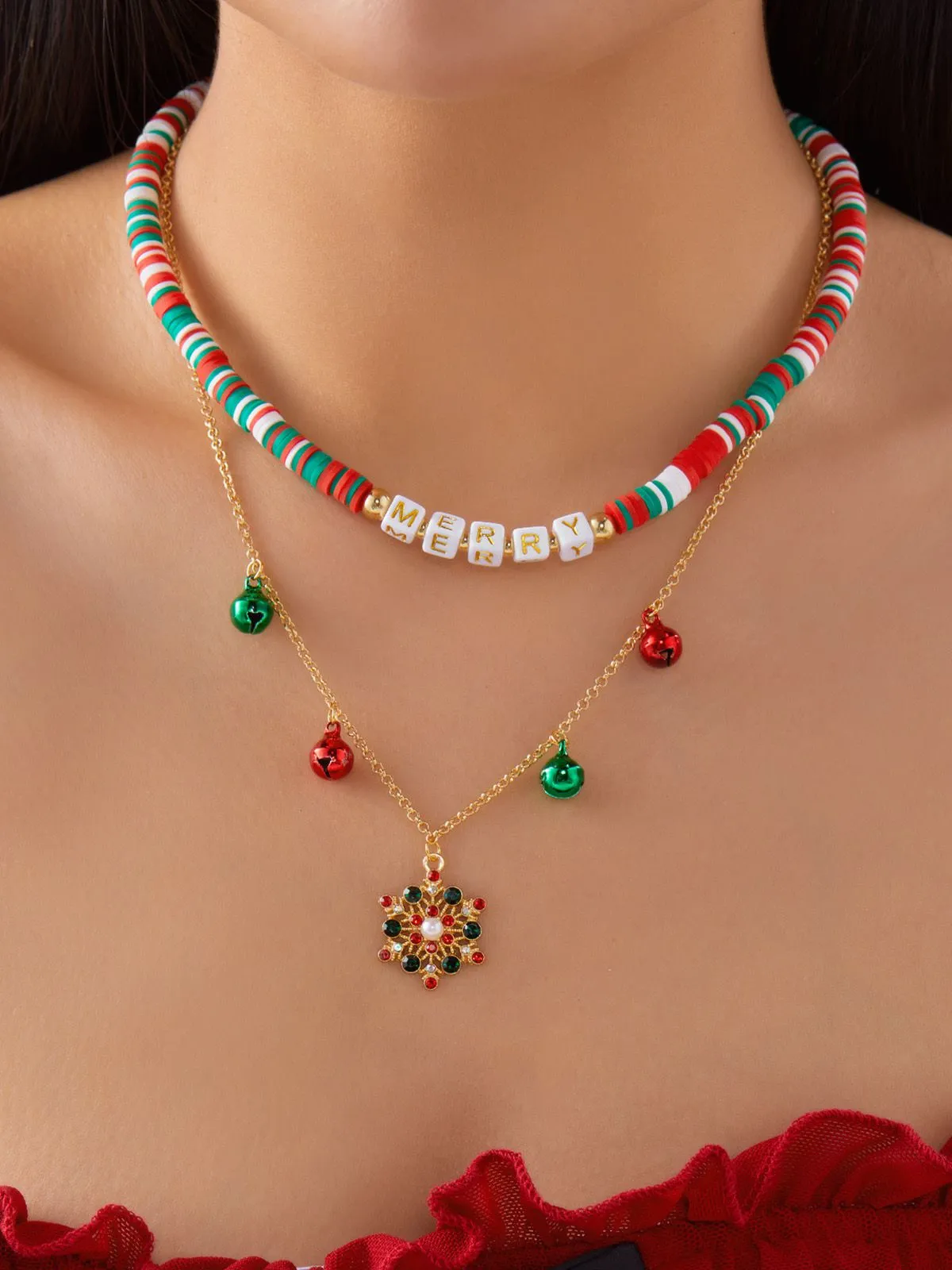 Christmas Layered Beaded Bells Necklace sold by Retro Stage product image thumbnail 2