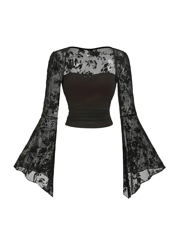 1980s Gothic Lace Mesh Bell Sleeve Top sold by Retro Stage