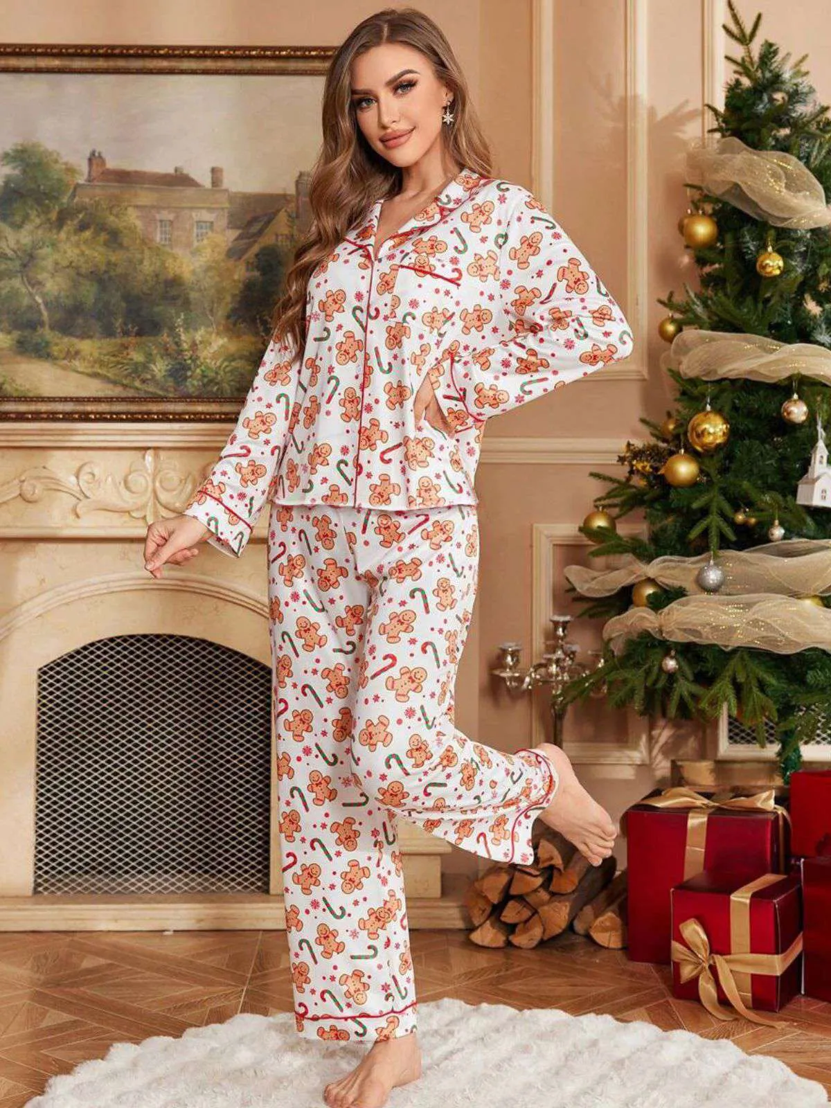 White 1980s Gingerbread Candy Cane Christmas Pajama Set sold by Retro Stage