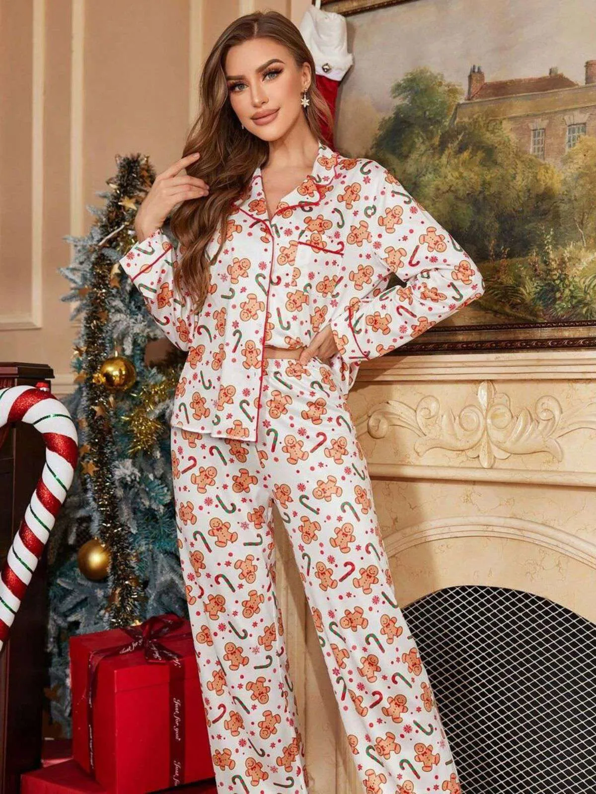 White 1980s Gingerbread Candy Cane Christmas Pajama Set sold by Retro Stage product image thumbnail 2
