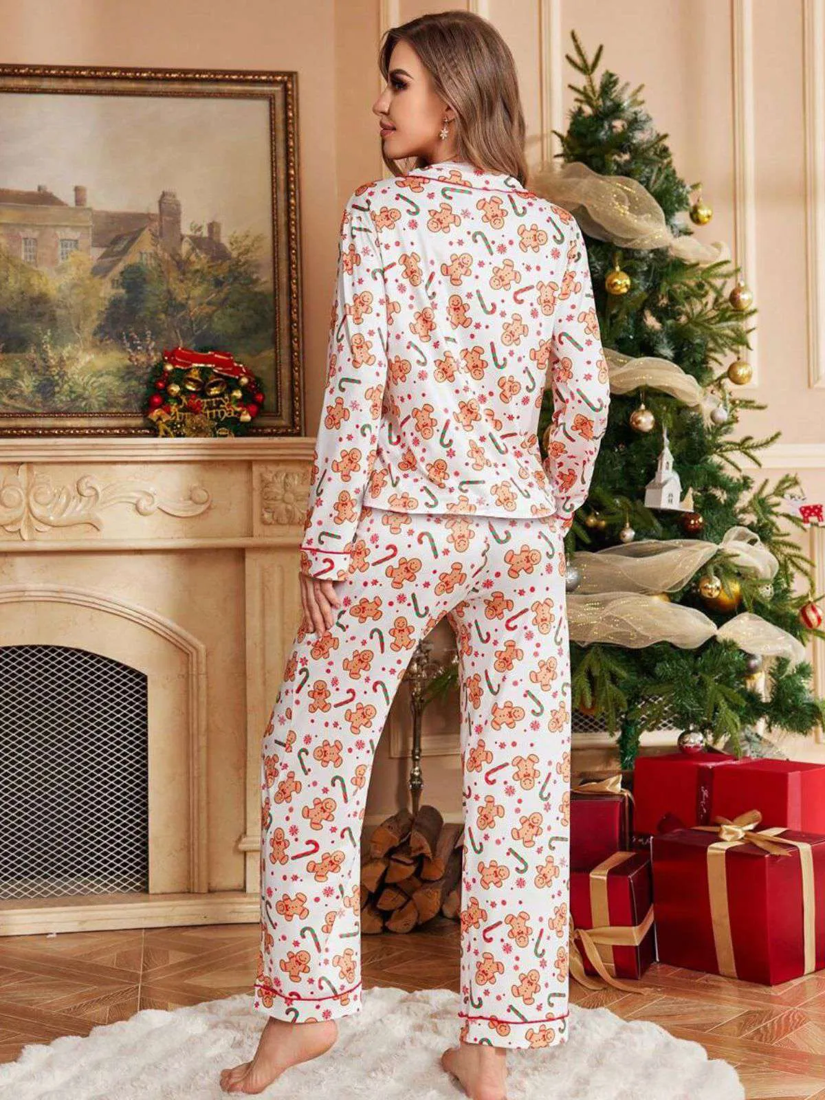 White 1980s Gingerbread Candy Cane Christmas Pajama Set sold by Retro Stage product image thumbnail 3