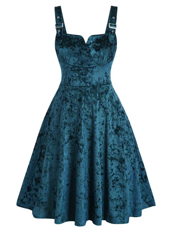 [Plus Size] 1950s Buckle Strap Velvet Sleeveless Dress sold by Retro Stage