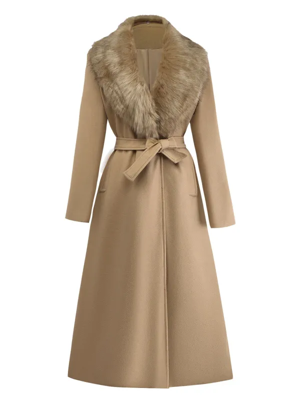 Khaki 1920s Solid Fur Collar Belted Coat sold by Retro Stage
