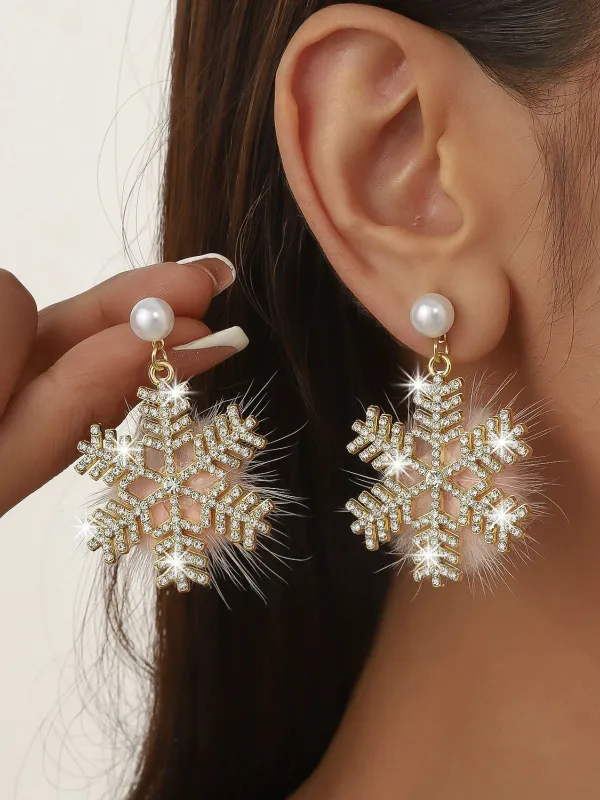 Christmas Fluffy Snowflake Diamond Pearl Earrings sold by Retro Stage