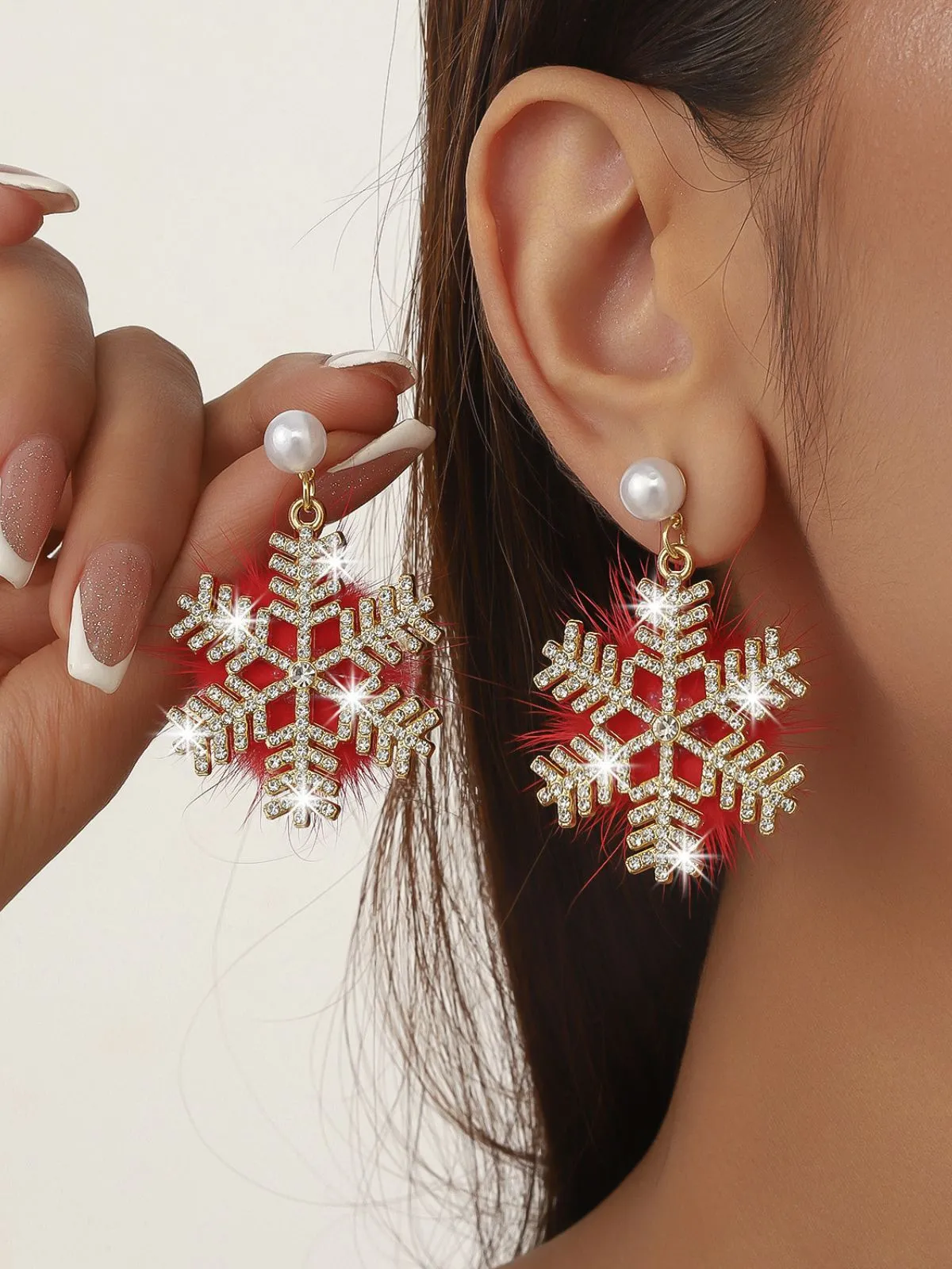 Christmas Fluffy Snowflake Diamond Pearl Earrings sold by Retro Stage product image thumbnail 3