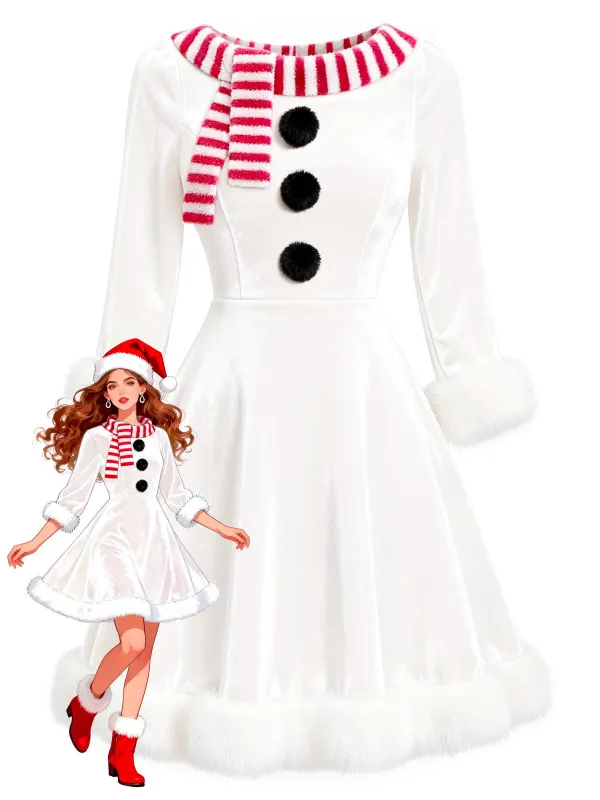 Red & White 1950s Christmas Snowman Velvet Dress sold by Retro Stage