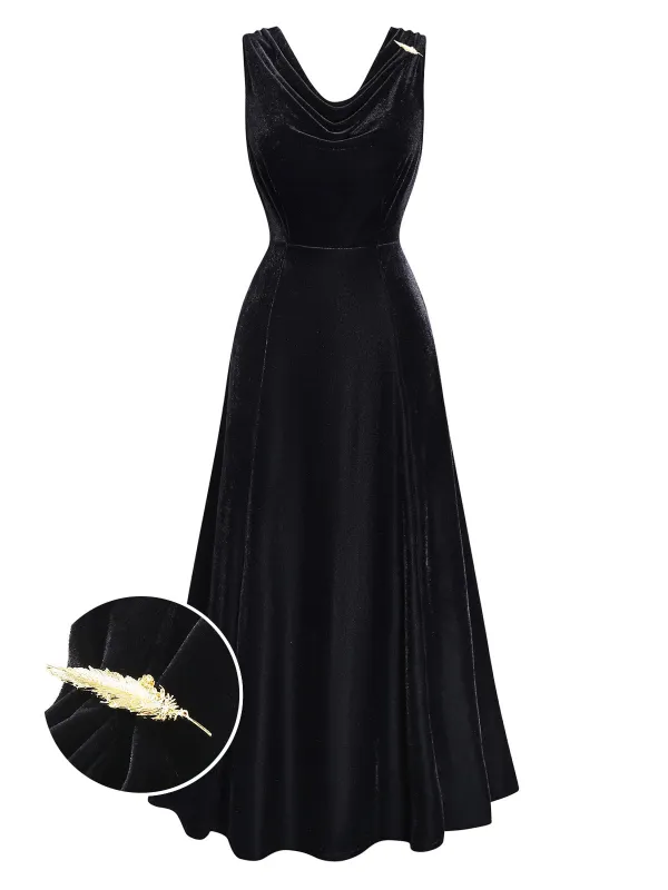 [Pre-Sale] Black 1930s Velvet Cowl Neck Feather Brooch Dress sold by Retro Stage
