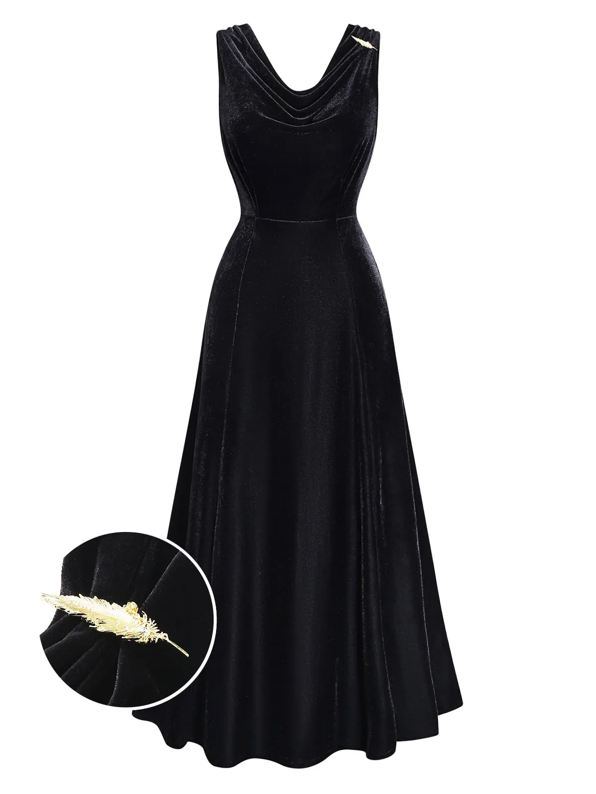Black 1930s Velvet Cowl Neck Feather Brooch Dress sold by Retro Stage