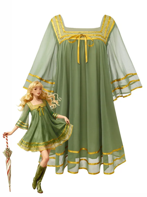 [Pre-Sale] Green & Gold 1970s Sheer Bell-Sleeve Dress sold by Retro Stage