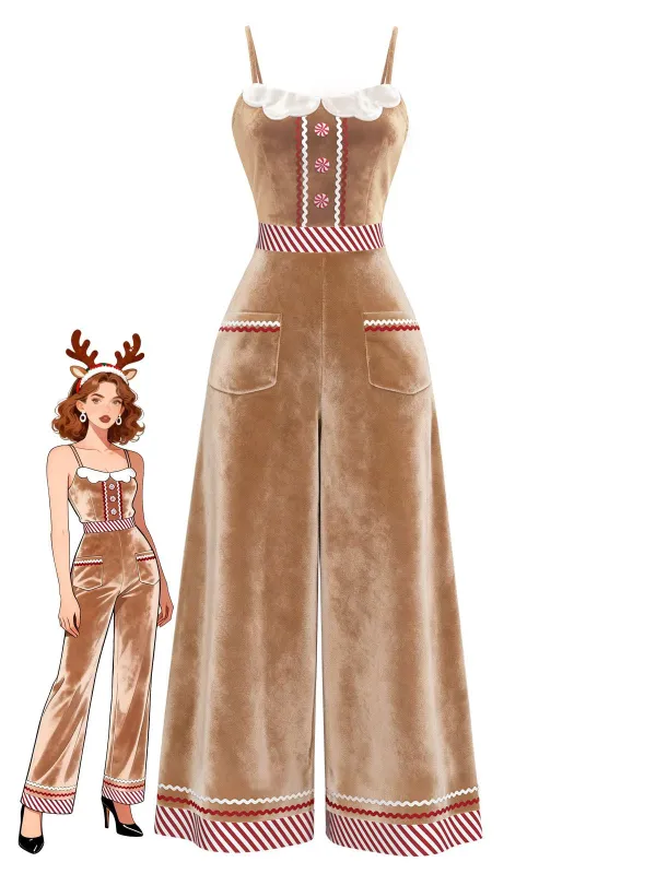 [Pre-Sale] Brown 1970s Gingerbread Velvet Strap Jumpsuit sold by Retro Stage