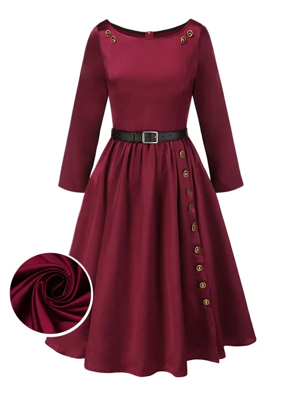 [Pre-Sale] Deep Red 1950s Button Pocket Pleated Dress sold by Retro Stage