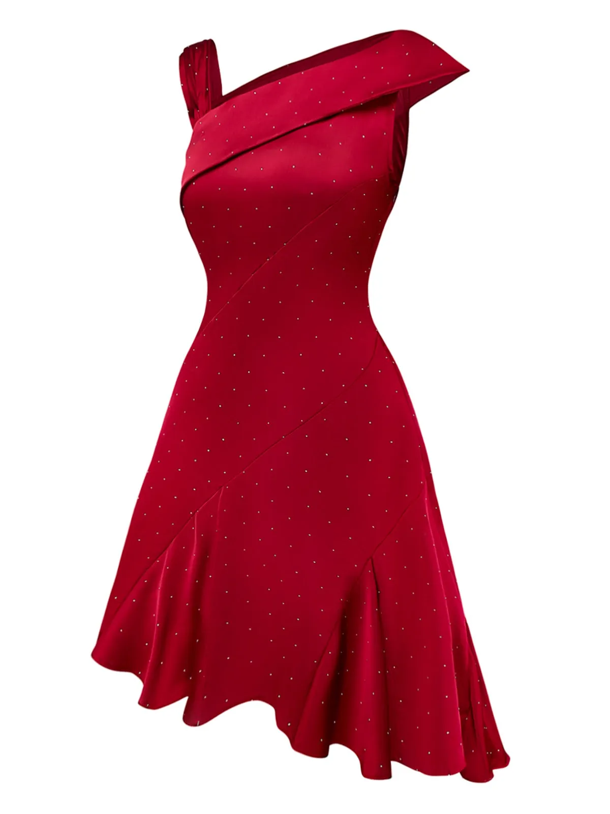 Wine Red 1960s Satin Rhinestone Off-Shoulder Dress sold by Retro Stage product image thumbnail 3