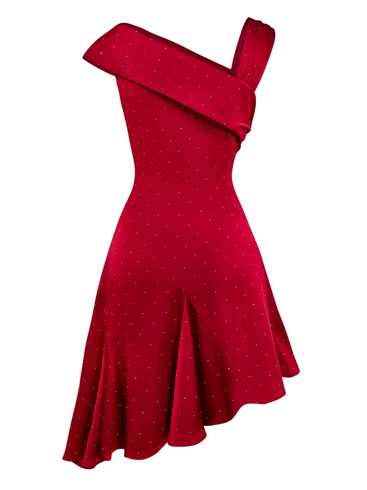 Wine Red 1960s Satin Rhinestone Off-Shoulder Dress sold by Retro Stage product image thumbnail 4