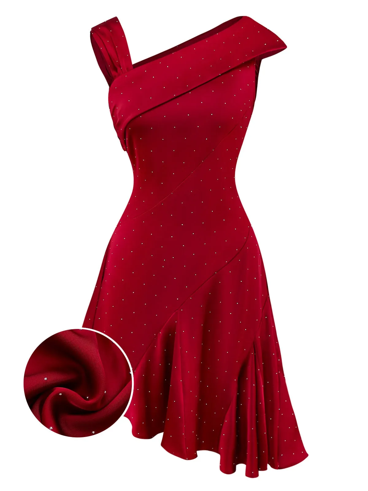 Wine Red 1960s Satin Rhinestone Off-Shoulder Dress sold by Retro Stage