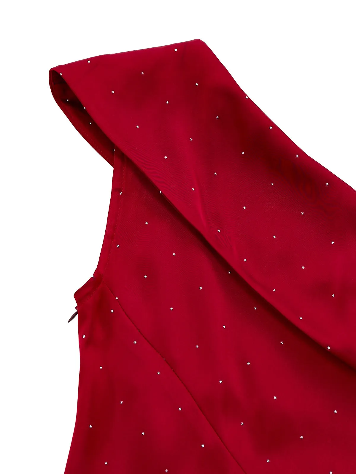 Wine Red 1960s Satin Rhinestone Off-Shoulder Dress sold by Retro Stage product image thumbnail 5