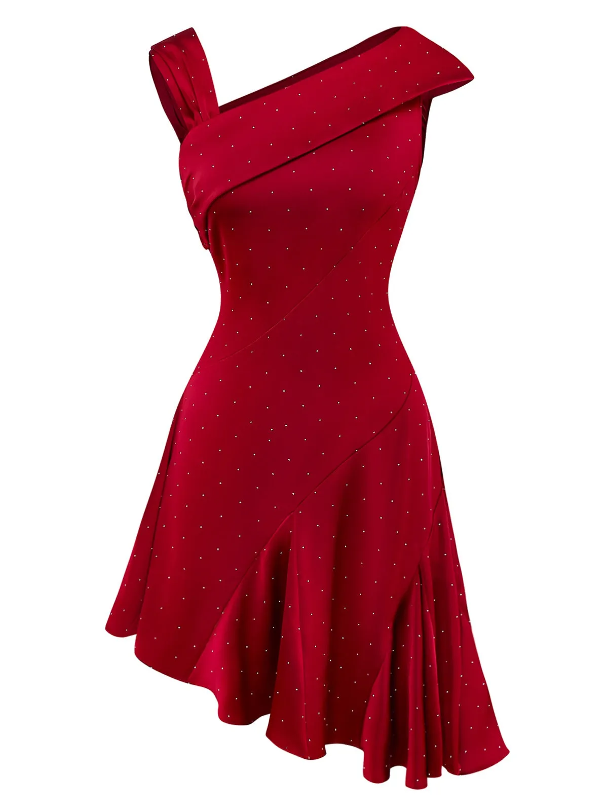 Wine Red 1960s Satin Rhinestone Off-Shoulder Dress sold by Retro Stage product image thumbnail 2